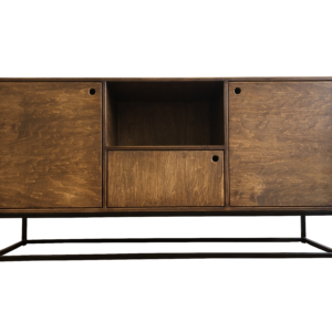 Komoda ze sklejki o nowoczesnym wyglądzie, z półkami. Stylowy i praktyczny dodatek do każdego pokoju, oferujący dużo miejsca do przechowywania.